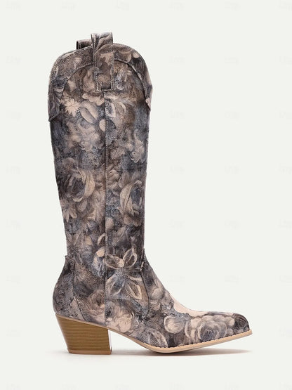 Women's Floral Pattern Western Cowboy Boots with Low Heel, Stylish and Comfortable for Country and Casual Wear