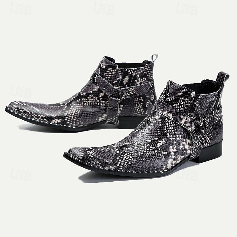 Men's Premium Cowhide Leather Ankle Boots with Snakeskin Pattern