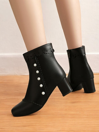 Women's Vintage Black Ankle Boots with Pearl Button Details