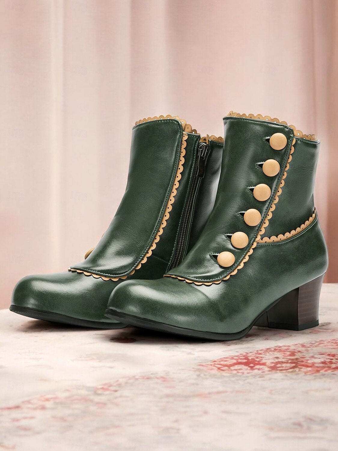 Victorian Vintage Green Leather Ankle Boots for Women -Retro Button Design with Scalloped Trim, Perfect for Fall Fashion