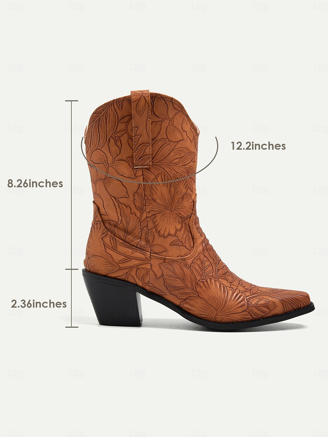 Women's Floral Embossed Western Cowboy Boots in Brown – Mid-Heel Pull-On Boots for Outdoor and Casual Wear