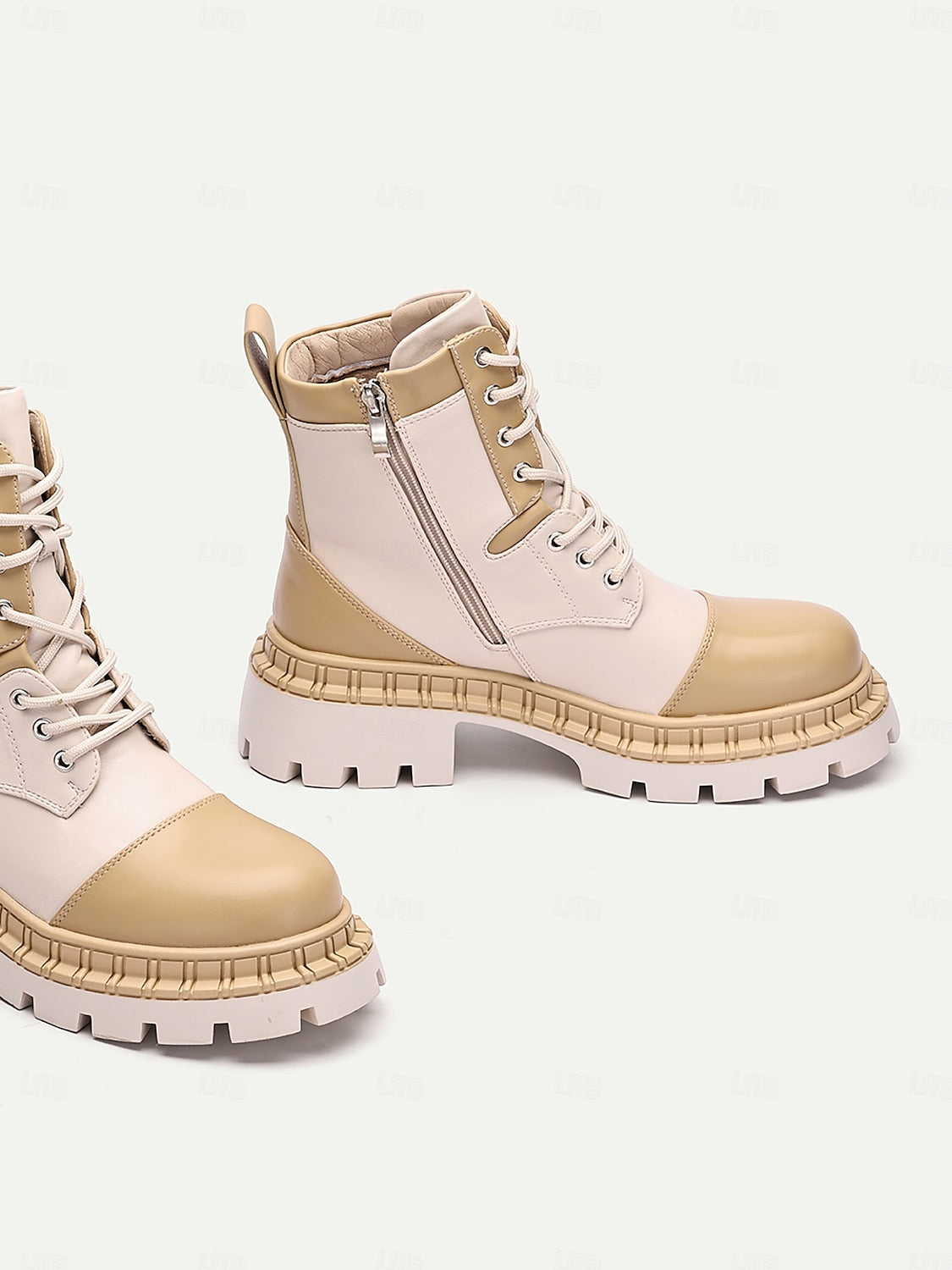 Women's Beige and Cream Chunky Combat Boots with Rugged Sole and Lace-Up Design - Streetwear and Outdoor Fashion