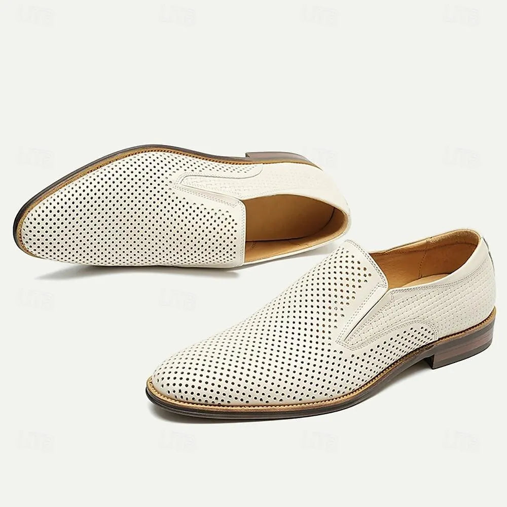 Men's White Perforated Leather Slip-On Loafers - Tokiyos