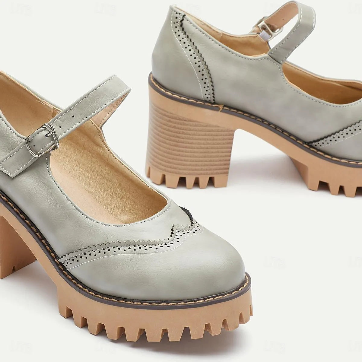 Chunky Platform Mary Jane Heels for Women - Gray Leather with Buckle Strap and Lug Sole - Tokiyos