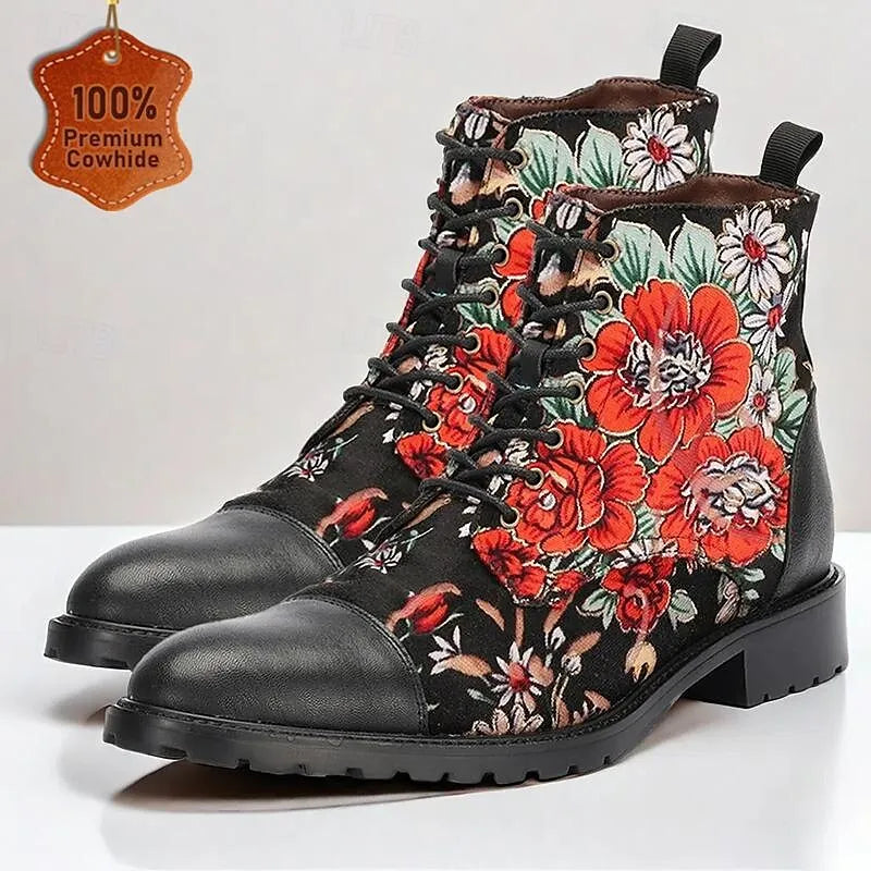 Men's Black Premium Cowhide Lace-Up Boots with Vibrant Red Floral Patterns and Rugged Sole