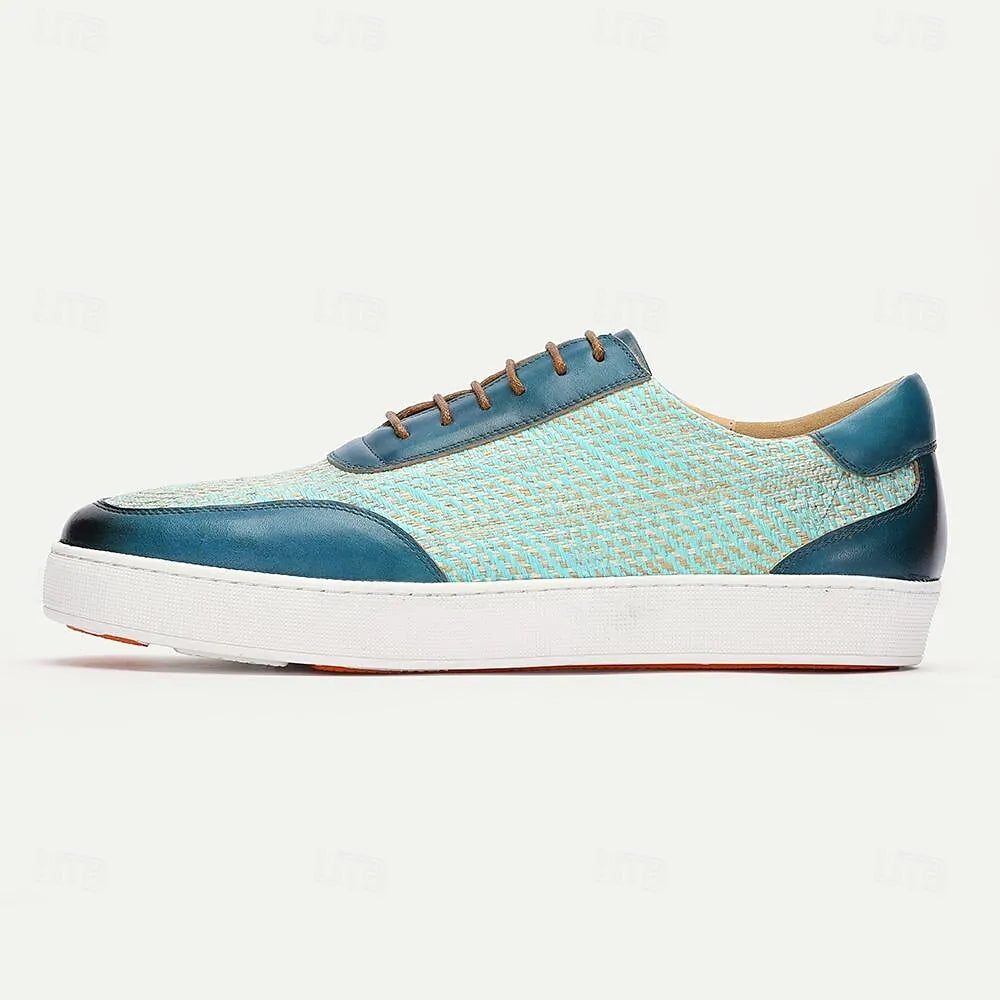 Men's Blue Woven Leather Sneakers - Breathable Light Blue Lace-Up Casual Footwear