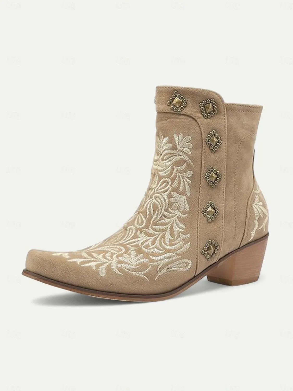 Women's Brown Embroidered Western Ankle Boots with Studded Details - Perfect for Casual Outings and Rodeo Events