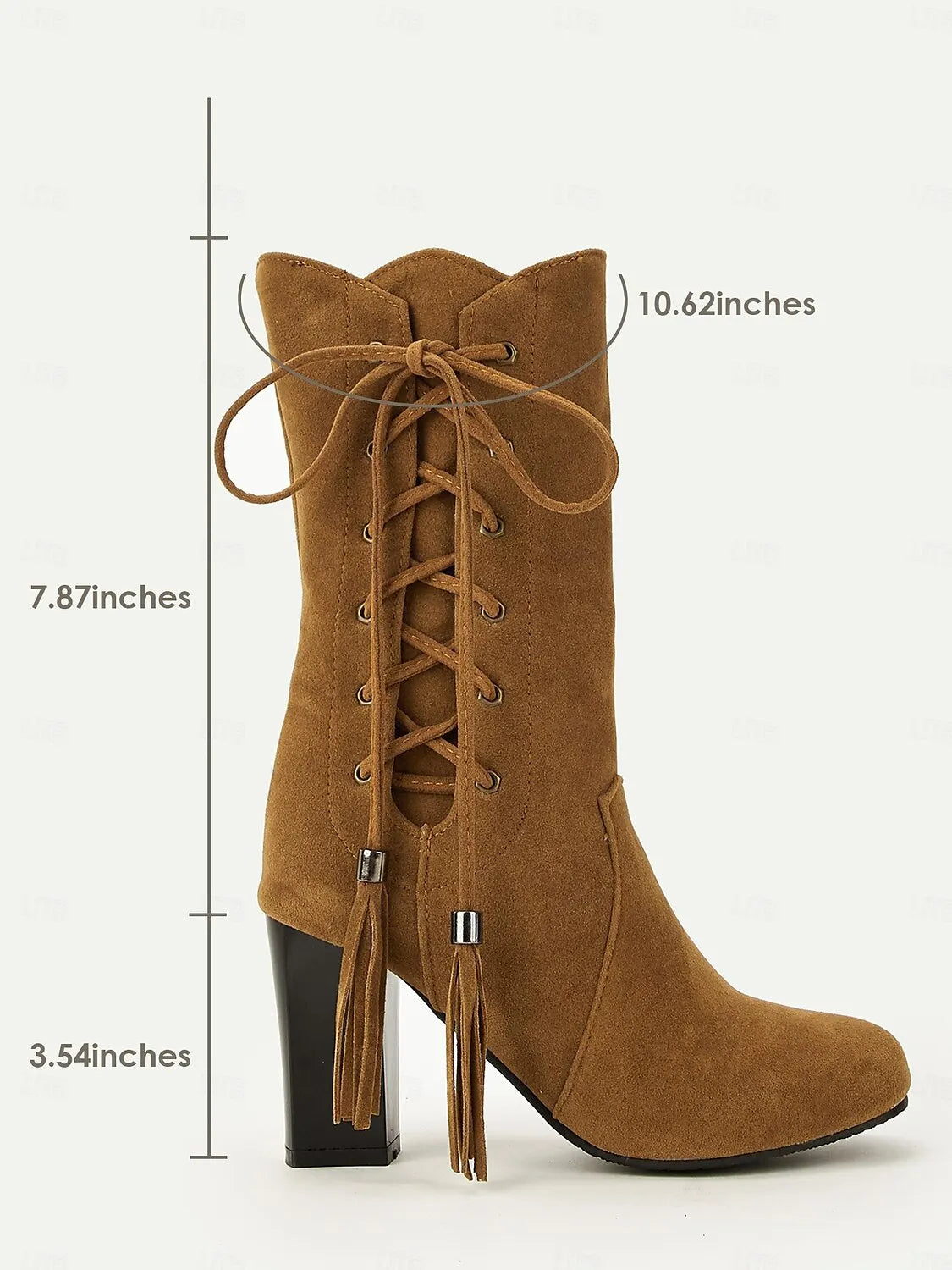 Women's Brown Suede Lace-Up Mid-Calf Boots with Zipper and Tassel Details - Stylish High Heel Boots for Fall and Winter