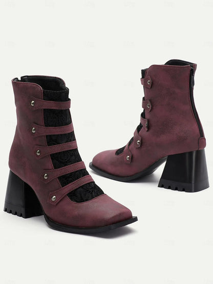 Women's Gothic Burgundy Ankle Boots with Straps and Lace Panel - Chunky Block Heel Retro Style Boots with Side Zipper