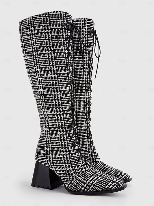 Women's Black and White Faux Leather Lace-Up Knee-High Boots with Chunky Heel