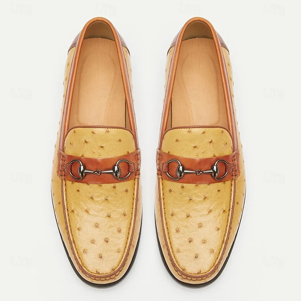 Men's Yellow and Brown Ostrich Leather Loafers with Metal Bit Detail - Stylish Slip-On Dress Shoes for Formal and Casual Wear