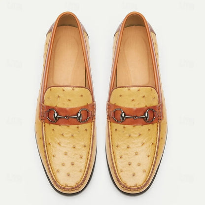 Men's Yellow and Brown Ostrich Leather Loafers with Metal Bit Detail - Stylish Slip-On Dress Shoes for Formal and Casual Wear