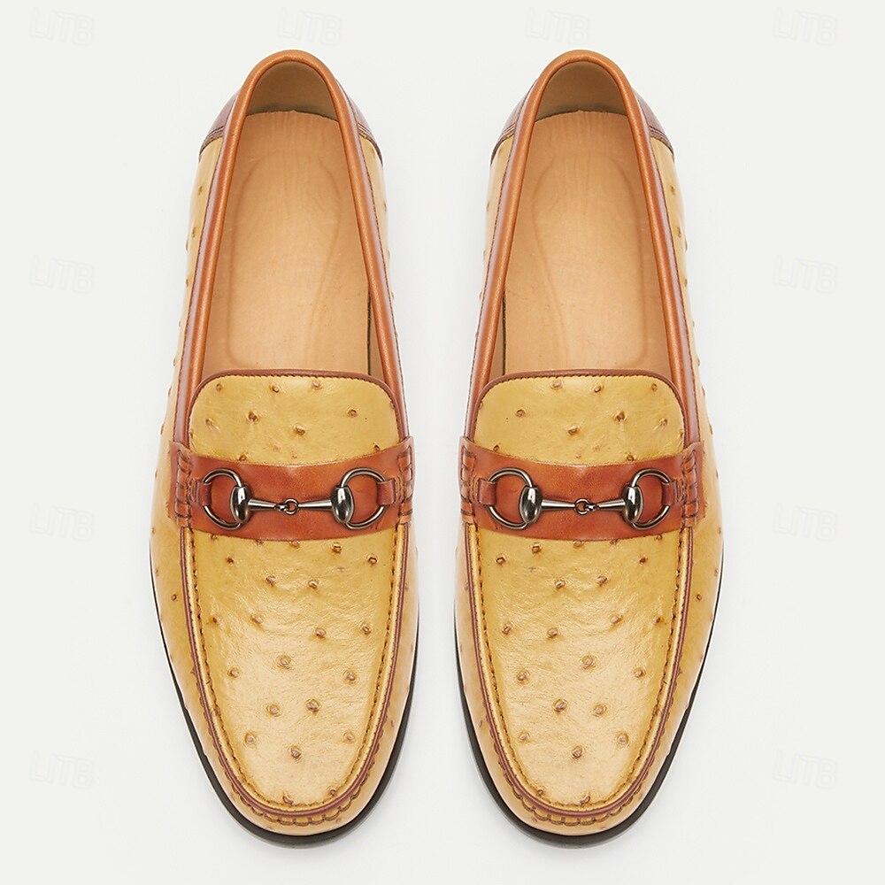 Men's Yellow and Brown Ostrich Leather Loafers with Metal Bit Detail