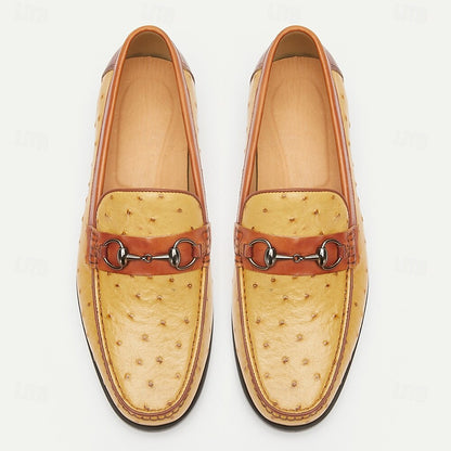 Men's Yellow and Brown Ostrich Leather Loafers with Metal Bit Detail