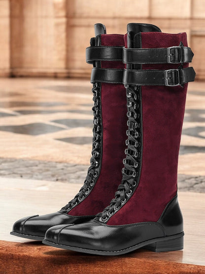 Women's Burgundy Faux Suede and Black Faux Leather Knee-High Lace-Up Boots