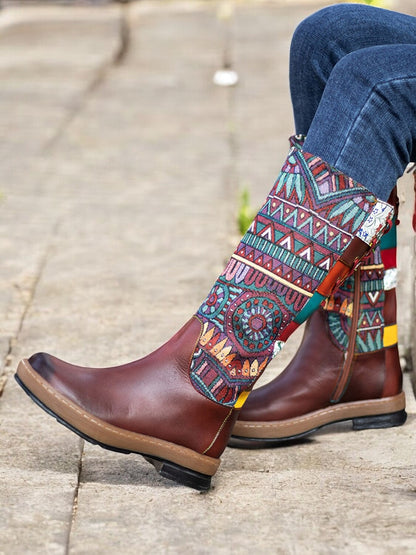 Women's Boho Premium Cowhide Leather Western Cowboy Boots with Ethnic Print - Vintage Style Casual Mid-Calf Riding Boots for Festival Outfits