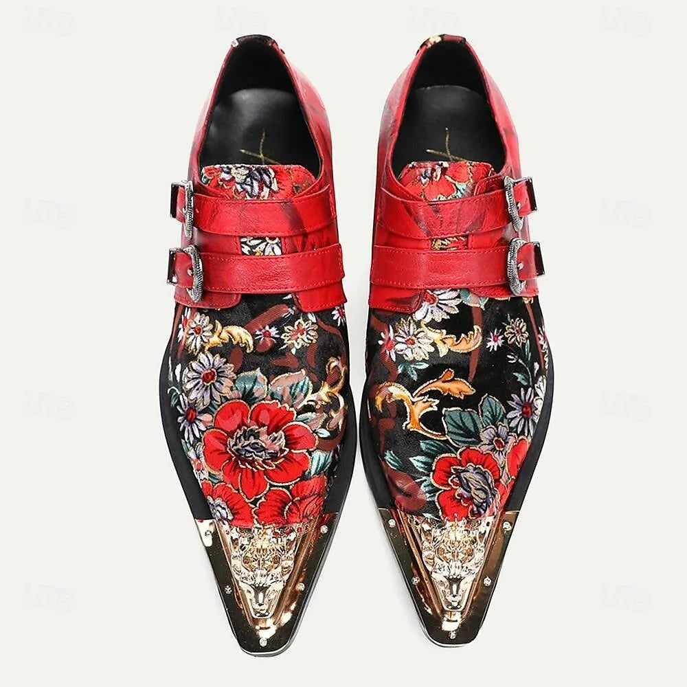 Men's Red Floral Embroidered Monk Strap Shoes Gold Lion Head Buckles - Tokiyos