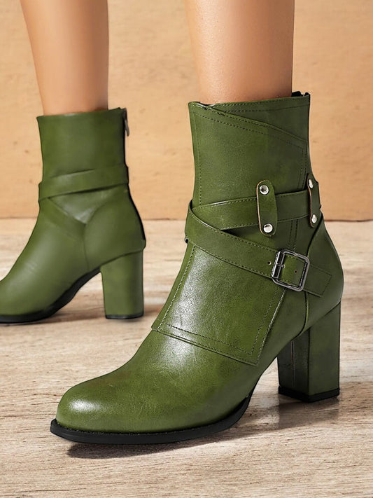 Women's Green Ankle Boots with Buckle Straps – Chunky Block Heel, Zip Closure, Perfect for Fall and Winter Fashion