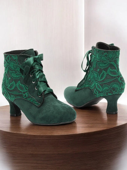 Women's Victorian Lace-Up Ankle Boots - Green Suede High Heel Booties for Vintage and Steampunk Costumes