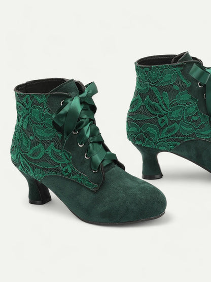 Women's Victorian Lace-Up Ankle Boots - Green Suede High Heel Booties for Vintage and Steampunk Costumes