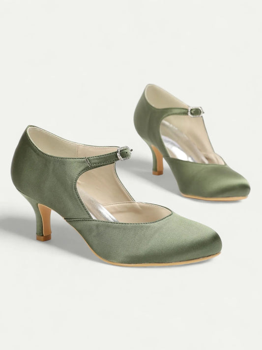 Women's Green Satin Mary Jane Pumps - Elegant Mid Heel Shoes with Buckle Strap