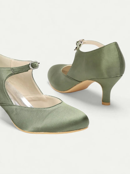 Women's Green Satin Mary Jane Pumps - Elegant Mid Heel Shoes with Buckle Strap