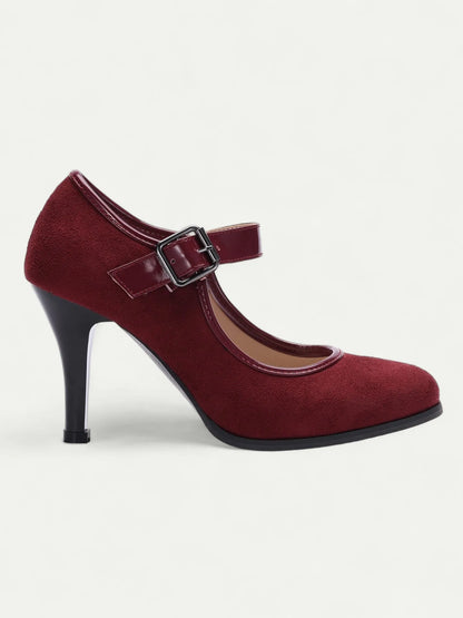 Women's Burgundy Suede Mary Jane Heels with Buckle - Classic High Heel Pumps