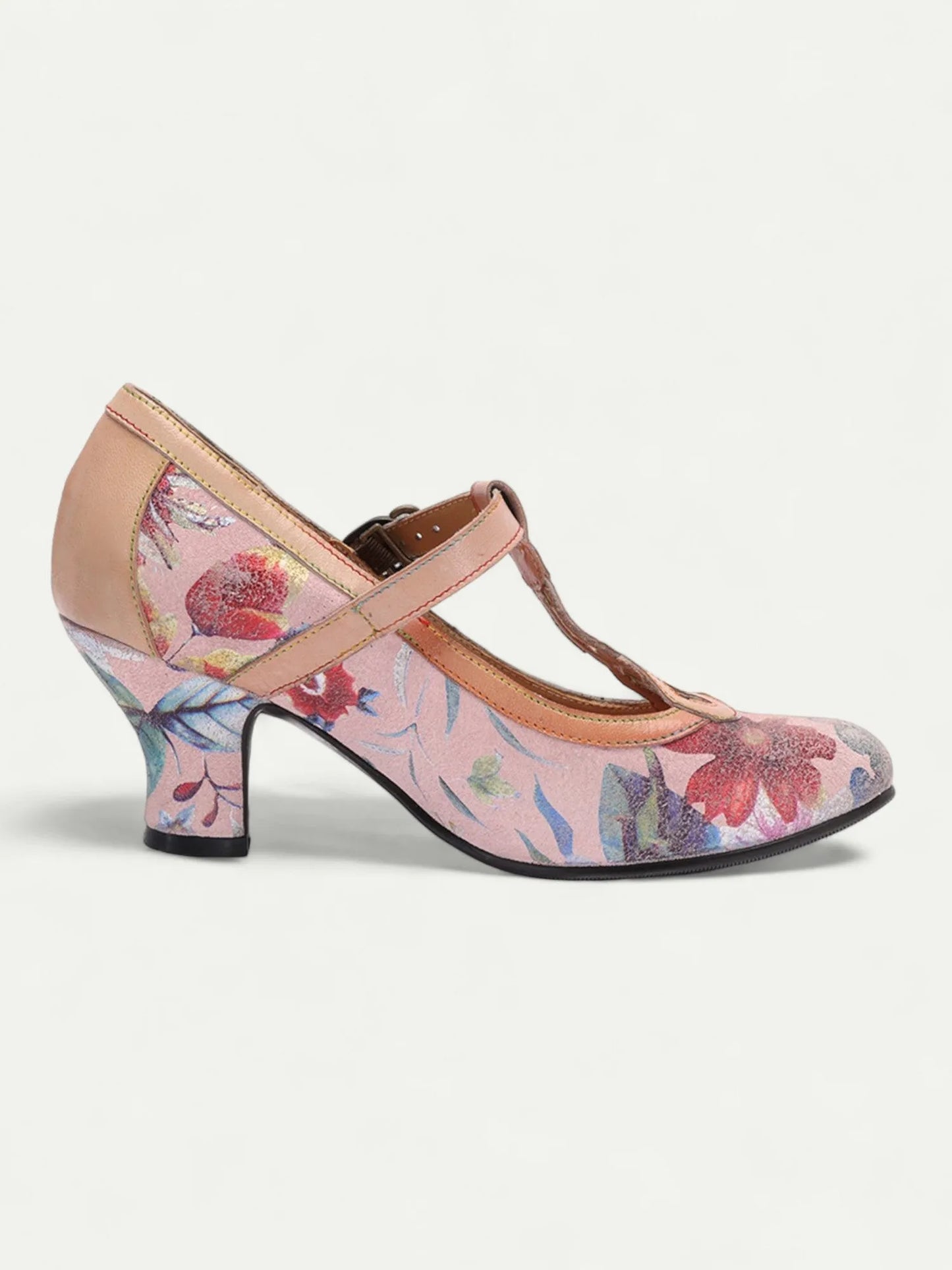 Vintage Floral Pattern Women's Heels with T-Strap and Buckle - Stylish and Comfortable Mid Heel Pumps