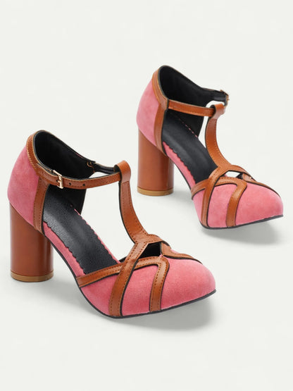 Vintage Pink and Brown T-Strap Heels for Women - Suede and Leather Chunky Heel