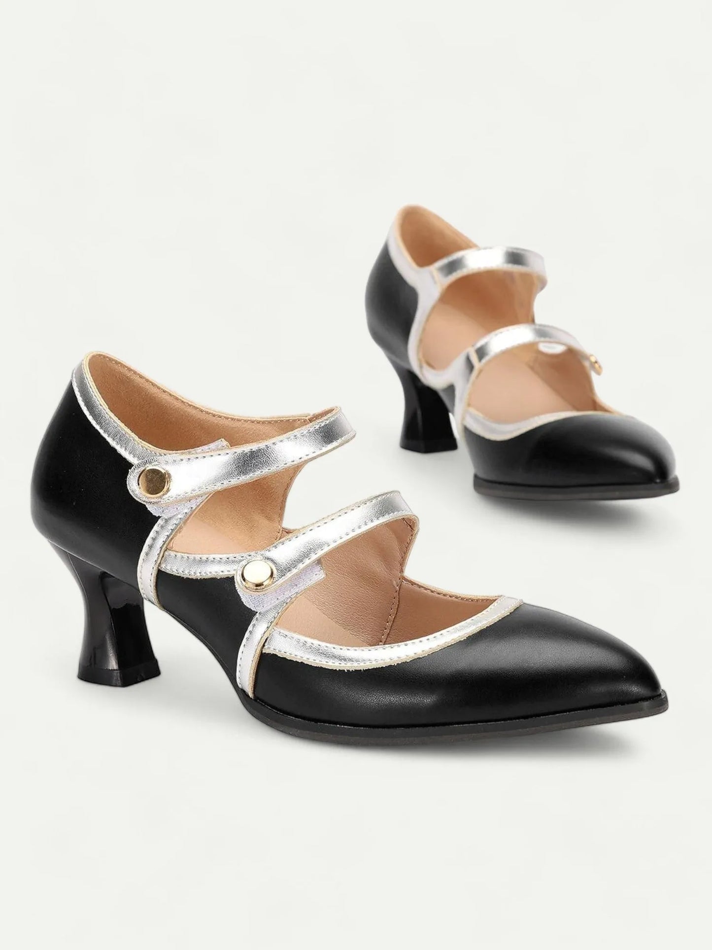 Women's Vintage Mary Jane Heels - Elegant Green and Silver Mid-Heel Dress Shoes with Double Straps for Parties and Formal Events