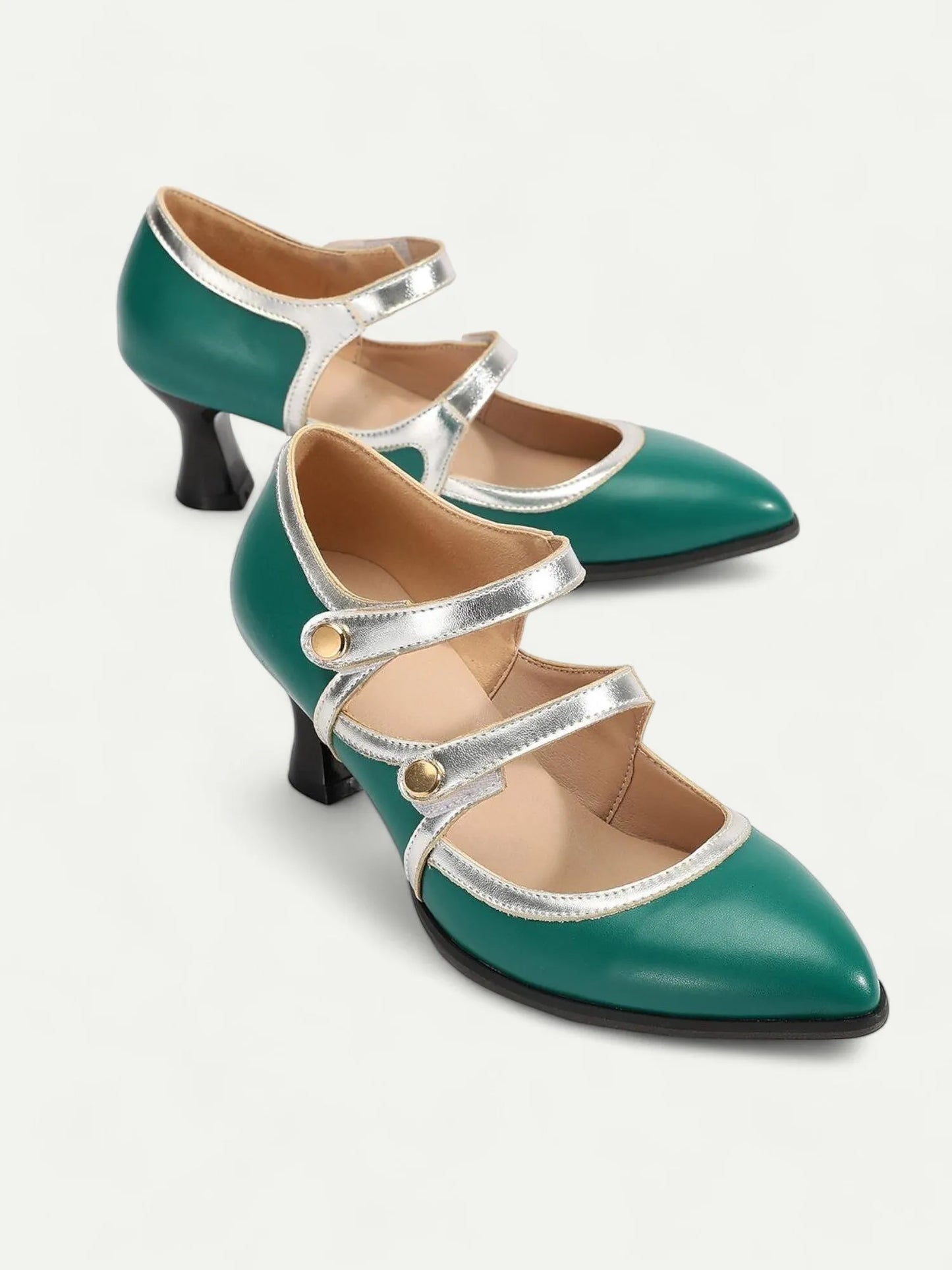 Women's Vintage Mary Jane Heels - Elegant Green and Silver Mid-Heel Dress Shoes with Double Straps for Parties and Formal Events