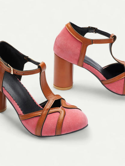 Vintage Pink and Brown T-Strap Heels for Women - Suede and Leather Chunky Heel