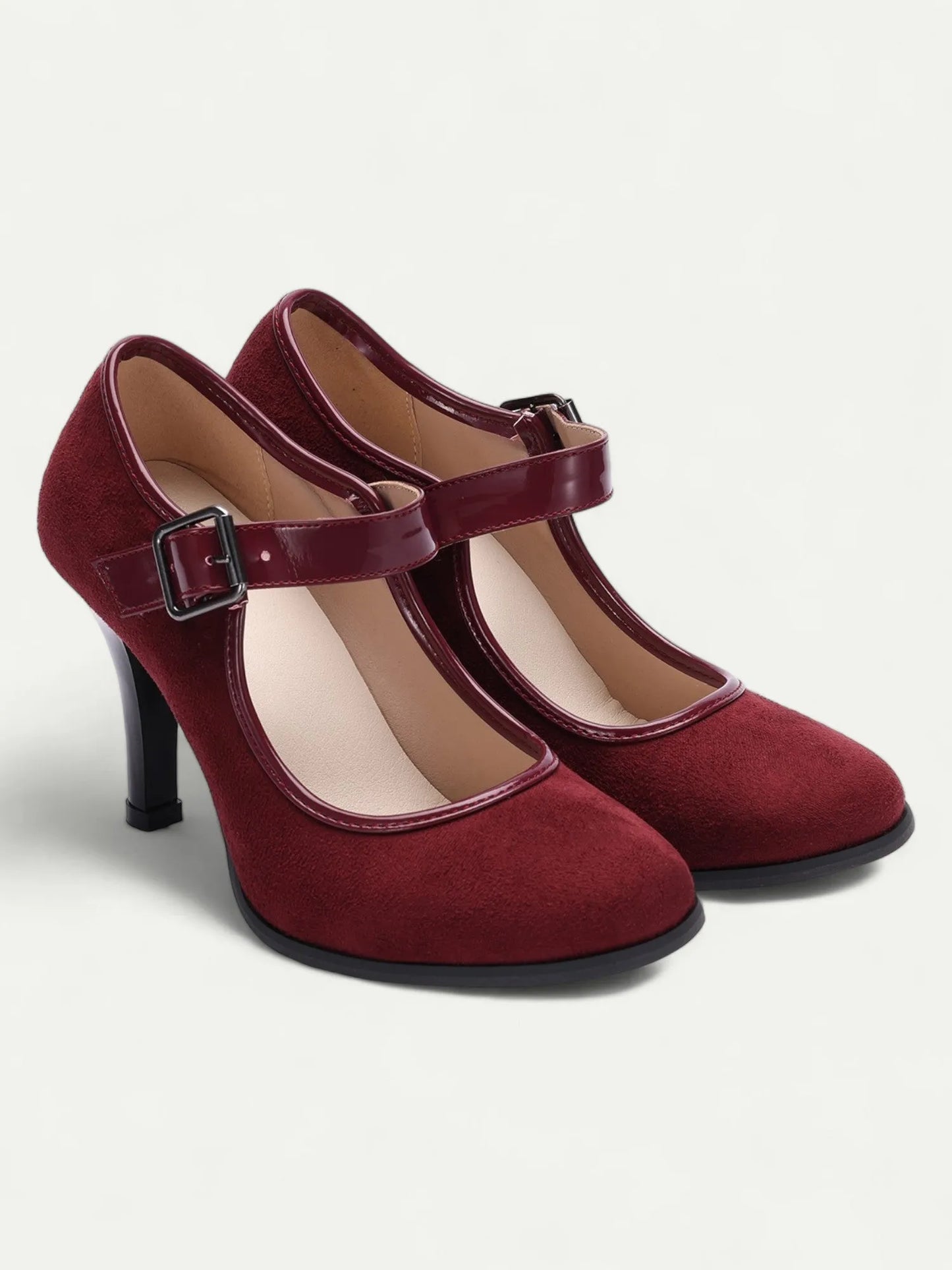 Women's Burgundy Suede Mary Jane Heels with Buckle - Classic High Heel Pumps