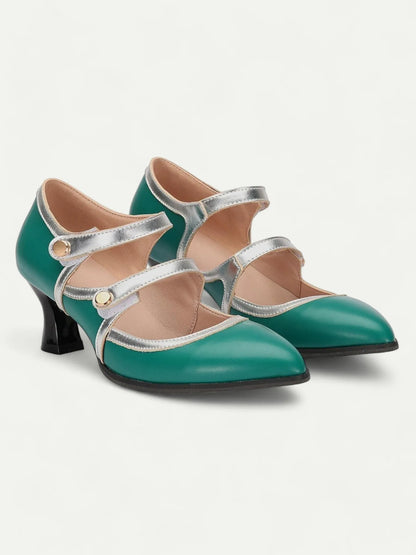 Women's Vintage Mary Jane Heels - Elegant Green and Silver Mid-Heel Dress Shoes with Double Straps for Parties and Formal Events