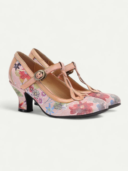 Vintage Floral Pattern Women's Heels with T-Strap and Buckle - Stylish and Comfortable Mid Heel Pumps