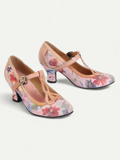 Vintage Floral Pattern Women's Heels with T-Strap and Buckle - Stylish and Comfortable Mid Heel Pumps