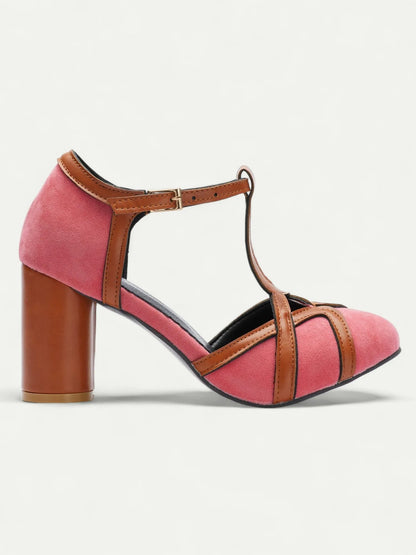 Vintage Pink and Brown T-Strap Heels for Women - Suede and Leather Chunky Heel