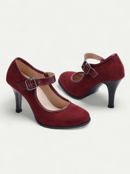 Women's Burgundy Suede Mary Jane Heels with Buckle - Classic High Heel Pumps