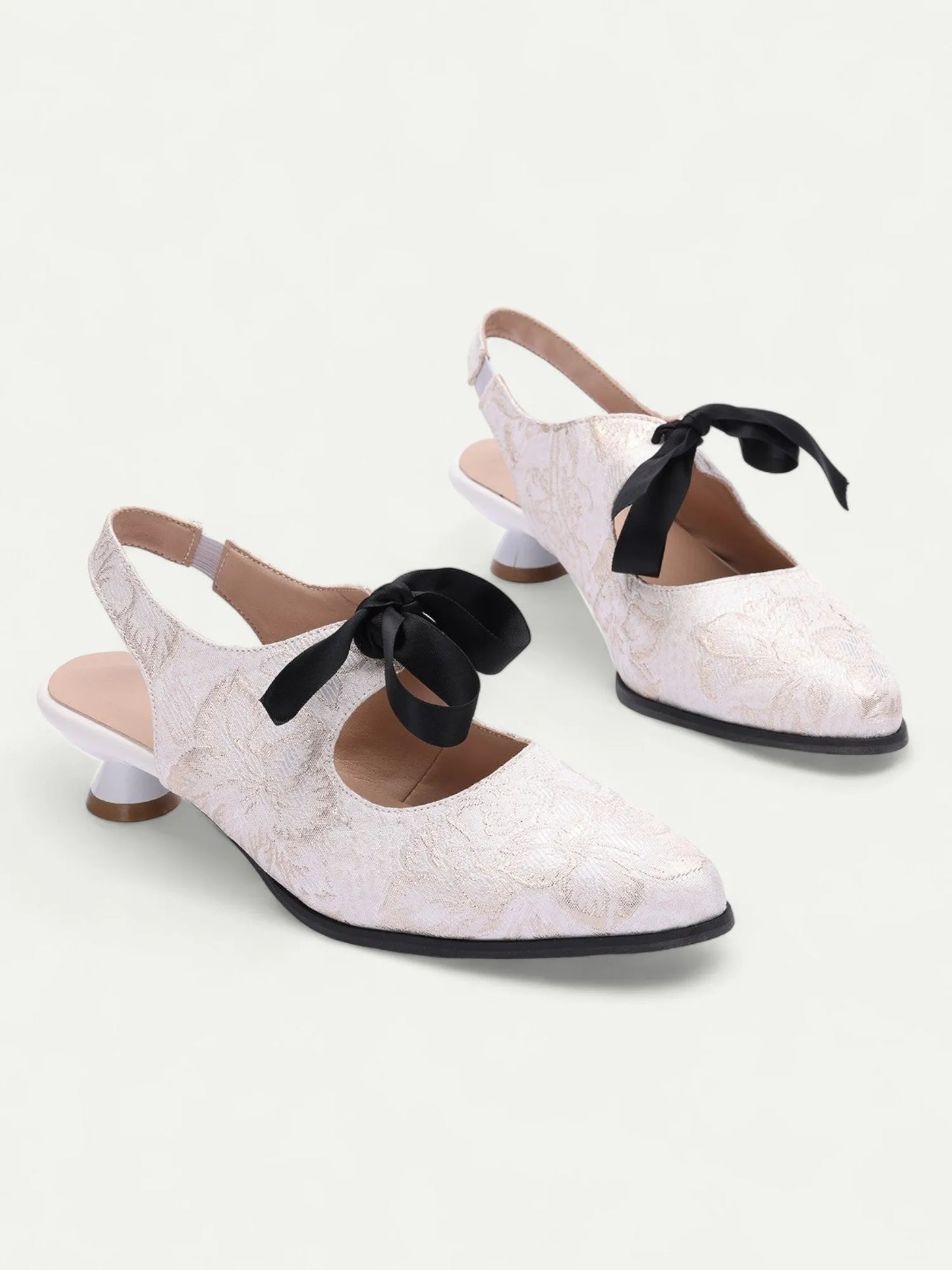 Women's White Lace Slingback Heels with Black Bow - Elegant Vintage Low Heel Pumps