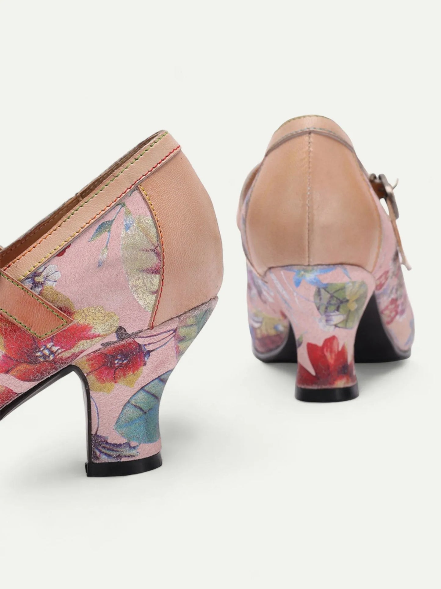 Vintage Floral Pattern Women's Heels with T-Strap and Buckle - Stylish and Comfortable Mid Heel Pumps