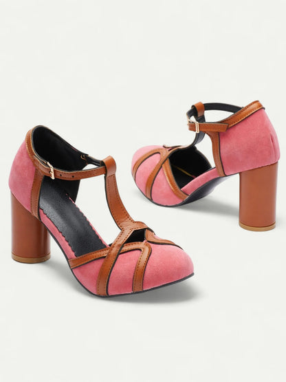 Vintage Pink and Brown T-Strap Heels for Women - Suede and Leather Chunky Heel