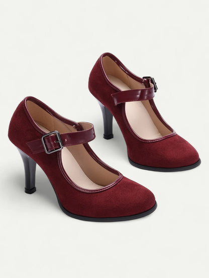 Women's Burgundy Suede Mary Jane Heels with Buckle - Classic High Heel Pumps