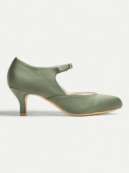 Women's Green Satin Mary Jane Pumps - Elegant Mid Heel Shoes with Buckle Strap