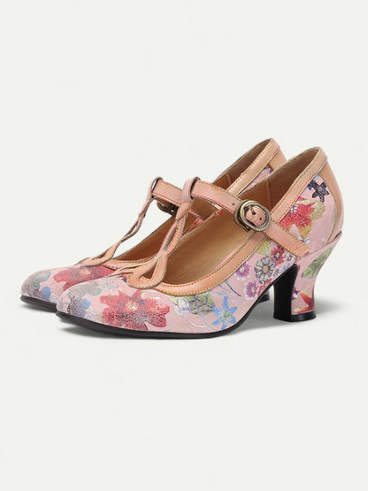 Vintage Floral Pattern Women's Heels with T-Strap and Buckle - Stylish and Comfortable Mid Heel Pumps