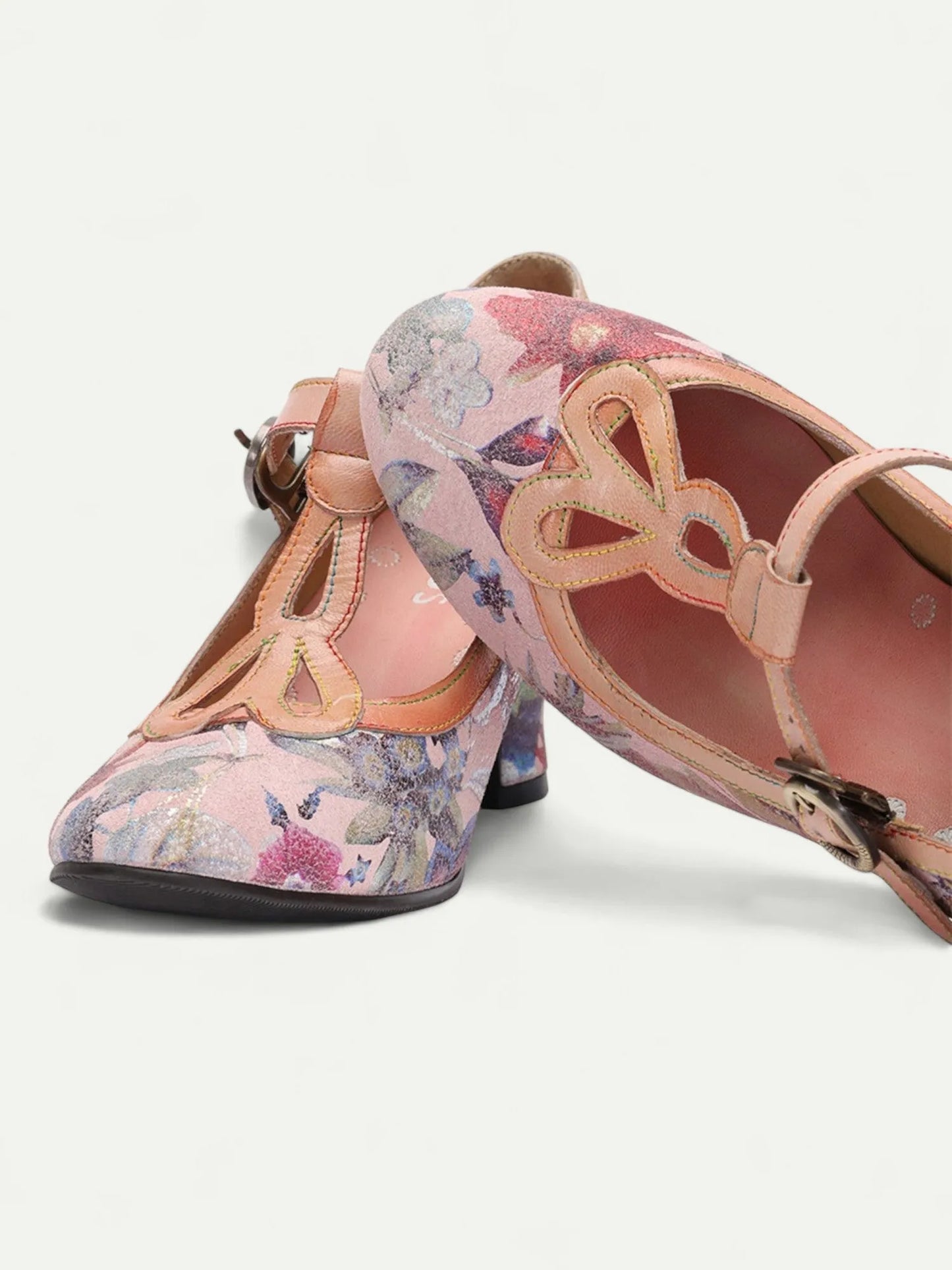 Vintage Floral Pattern Women's Heels with T-Strap and Buckle - Stylish and Comfortable Mid Heel Pumps