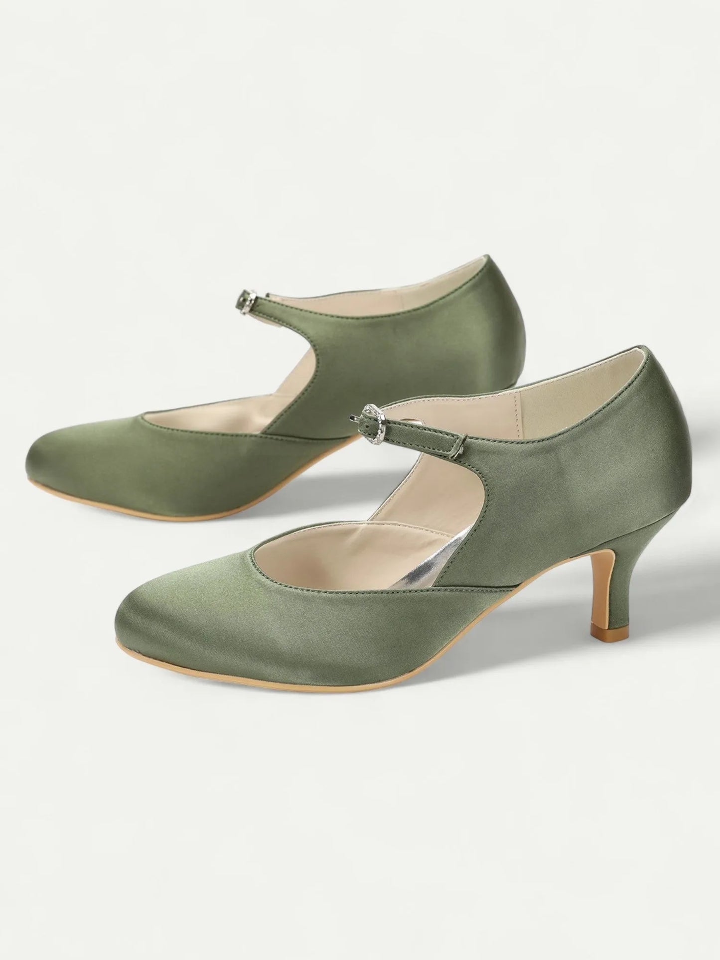 Women's Green Satin Mary Jane Pumps - Elegant Mid Heel Shoes with Buckle Strap