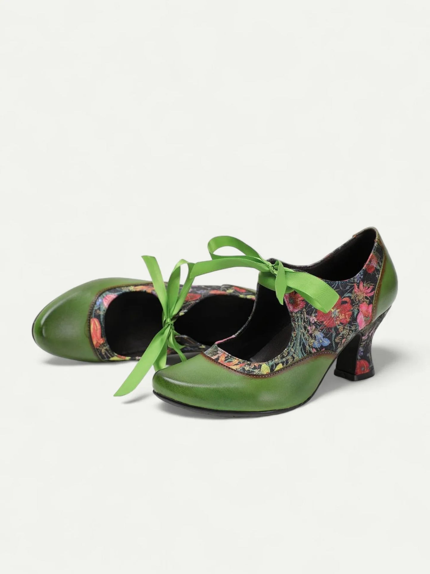 Women's Olive Green Floral Print Heeled Oxford Shoes