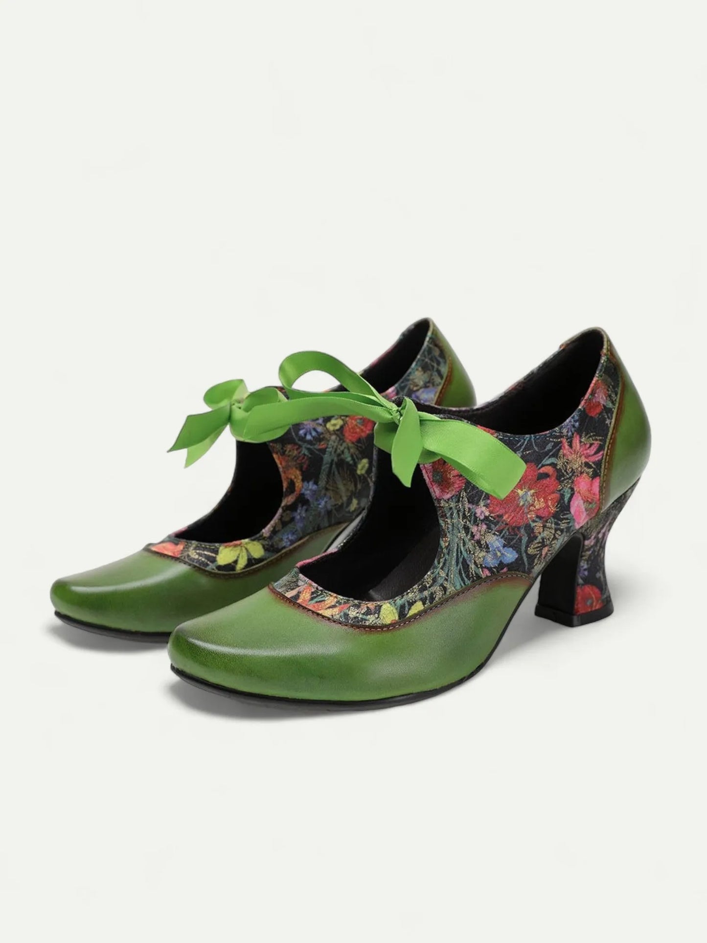 Women's Olive Green Floral Print Heeled Oxford Shoes