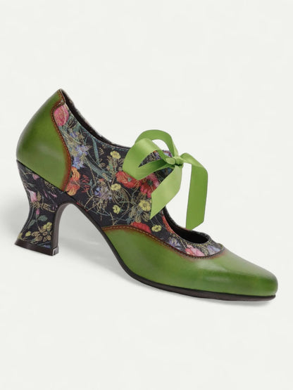 Women's Olive Green Floral Print Heeled Oxford Shoes