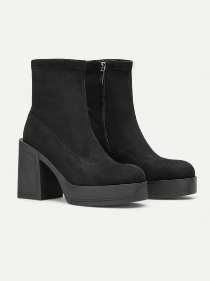 Women's Black Suede Platform Ankle Boots – Chunky High Heel Design for Casual and Party Wear